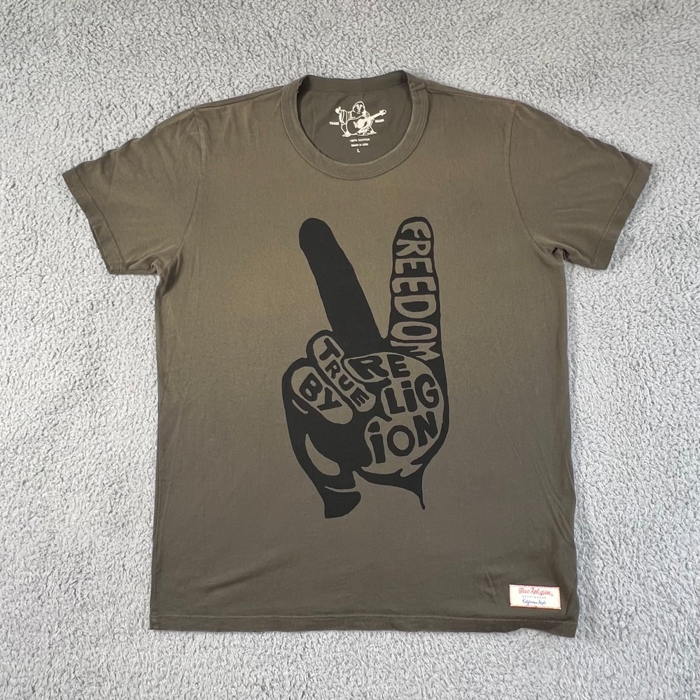 True Religion Graphic T-Shirt Peace Sign FREEDOM Olive‎ Green Men's Size L NWT